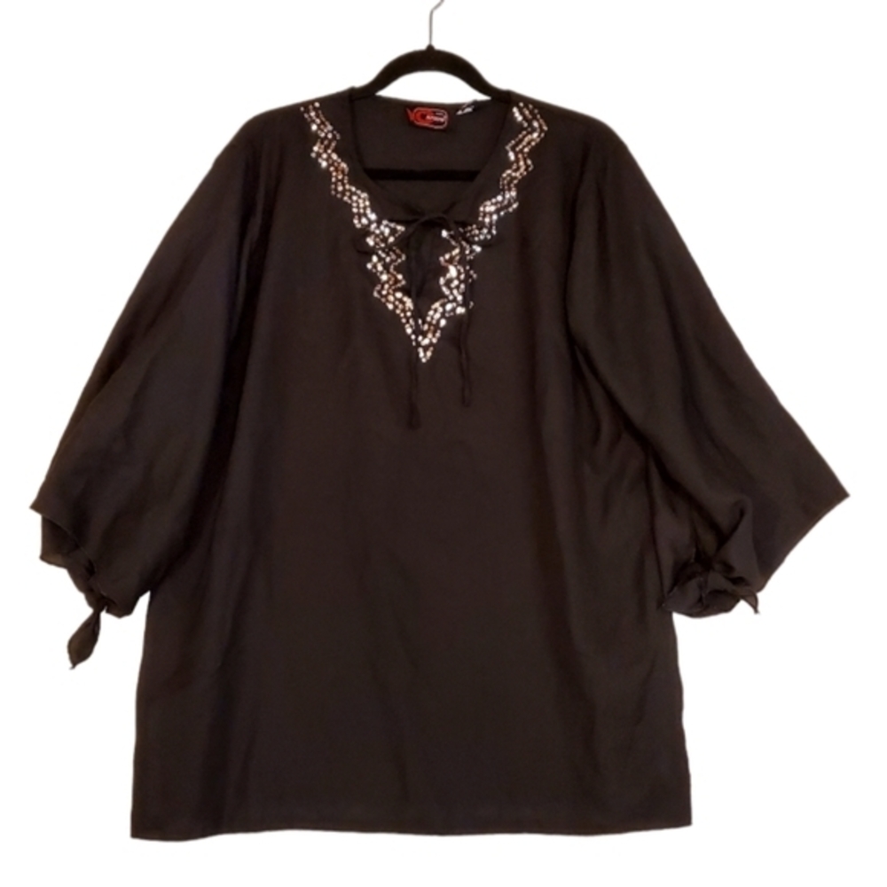Cherry Krave Black Blouse Silver Sequins Tie Sleeves Size 18 Pre-owned‎